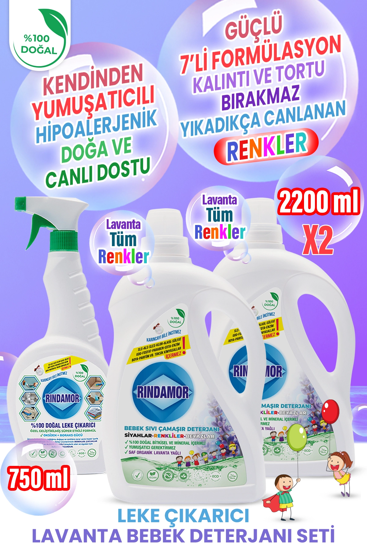 %100 DOĞAL BİTKİSEL BEBEK ÇAMAŞIR DETERJANI ORGANİK LAVANTA YAĞLI-LEKE ÇIKARICI SETİ