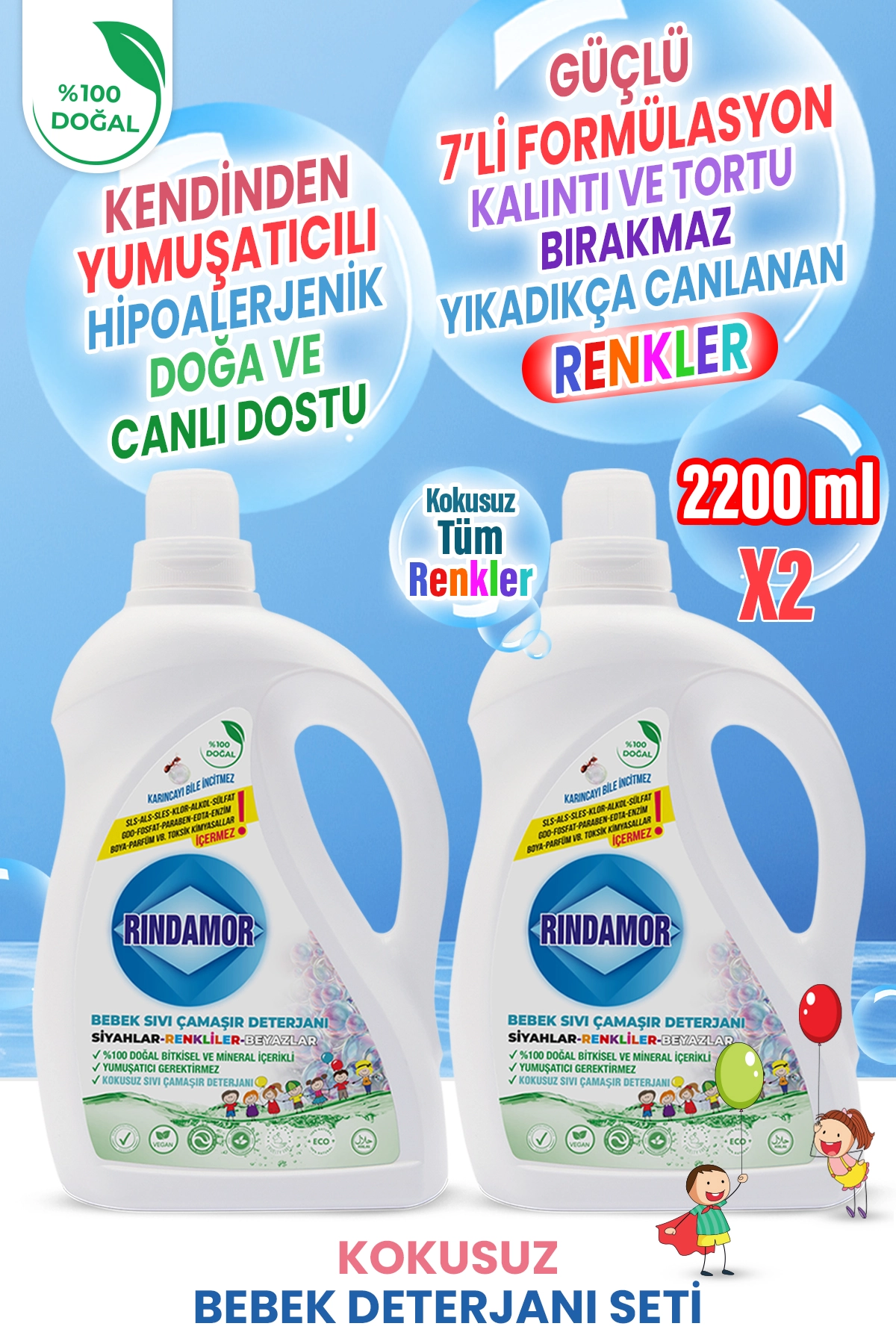 % 100 DOĞAL BİTKİSEL KOKUSUZ BEBEK SIVI ÇAMAŞIR DETERJANI  2’Lİ SET-KENDİNDEN YUMUŞATICILI