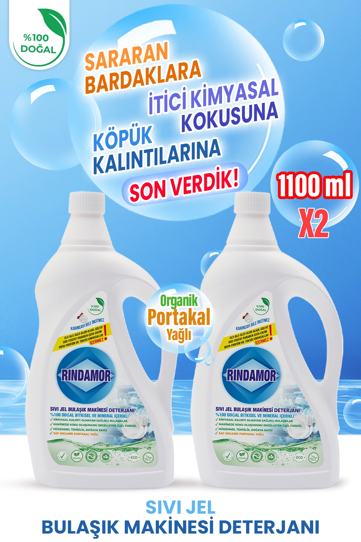 %100 DOĞAL BİTKİSEL SIVI JEL BULAŞIK MAKİNESİ DETERJANI-2 X 1100 ML
