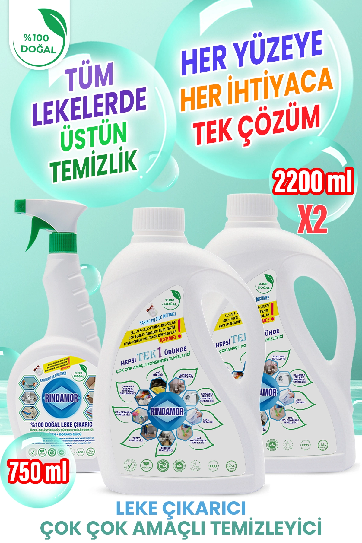 %100 DOĞAL BİTKİSEL ÇOK ÇOK AMAÇLI KONSANTRE TEMİZLEYİCİ VE LEKE ÇIKARICI 3’LÜ SET