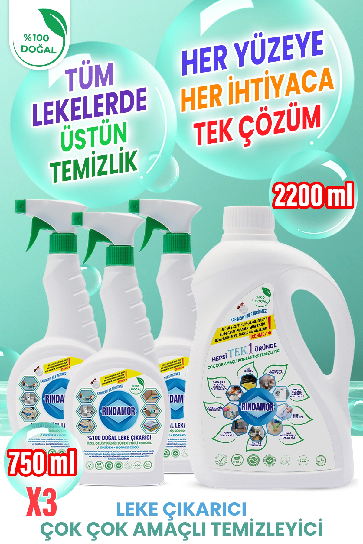  %100 DOĞAL BİTKİSEL ÇOK ÇOK AMAÇLI KONSANTRE TEMİZLEYİCİ VE LEKE ÇIKARICI SETİ