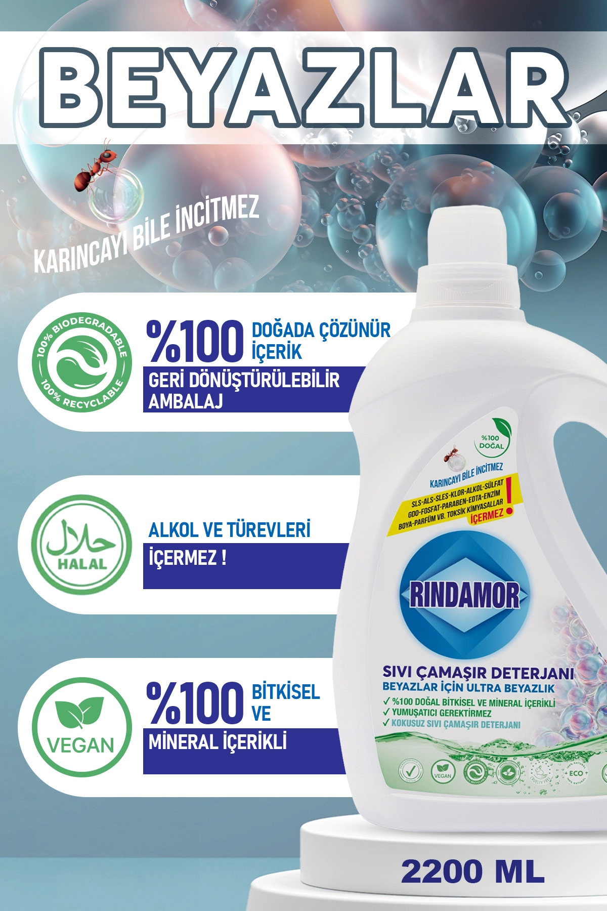 % 100 DOĞAL BİTKİSEL BEYAZLAR KOKUSUZ SIVI ÇAMAŞIR DETERJANI -KENDİNDEN YUMUŞATICILI
