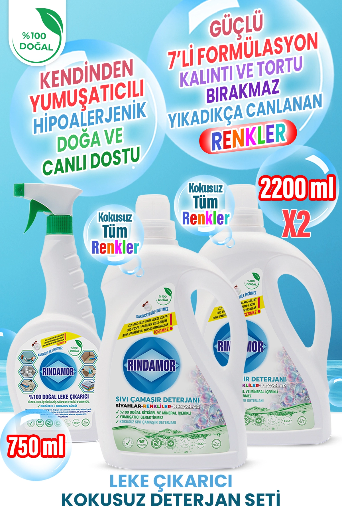 %100 DOĞAL BİTKİSEL TÜM RENKLER KOKUSUZ ÇAMAŞIR DETERJANI-LEKE ÇIKARICI SETİ