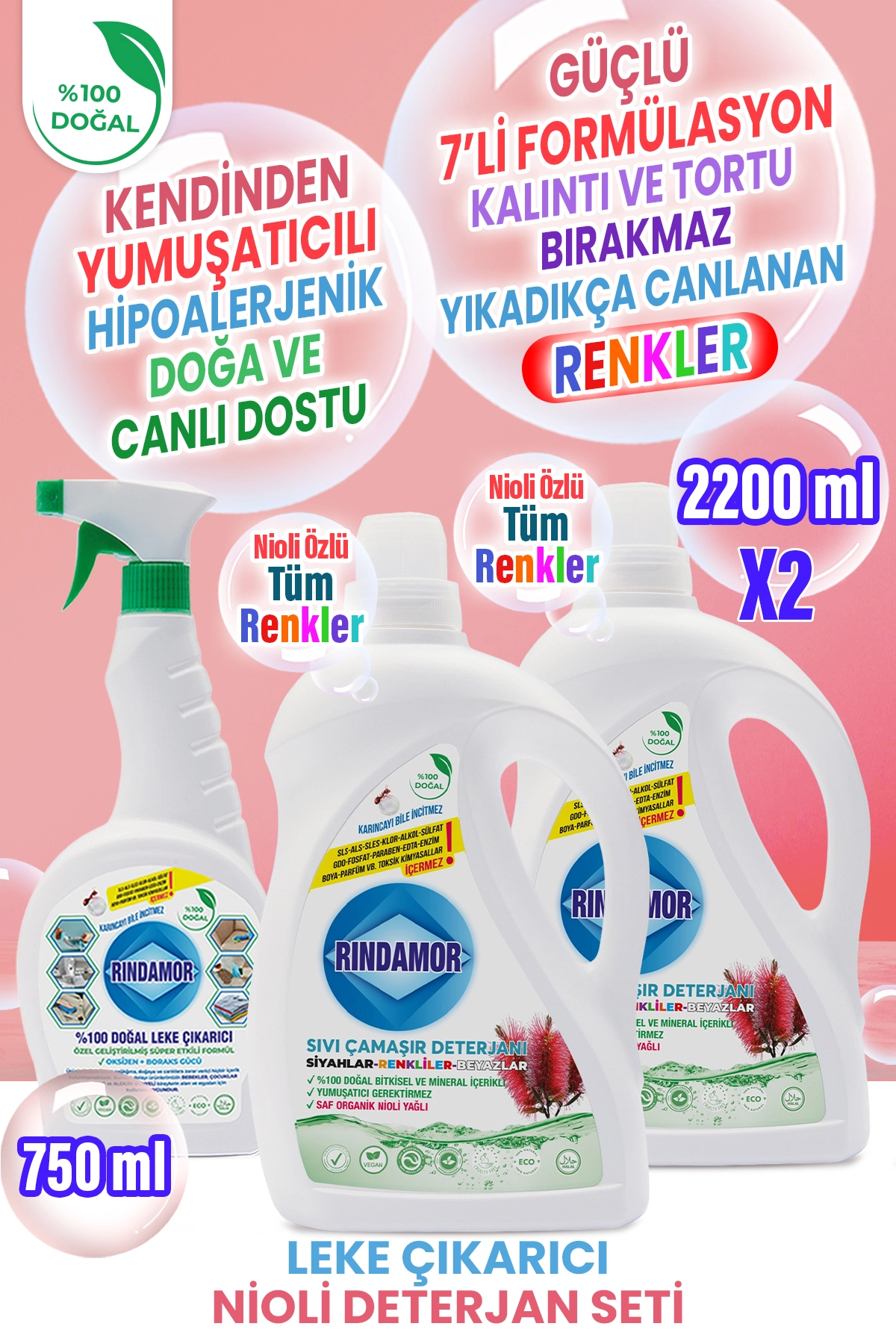 %100 DOĞAL BİTKİSEL TÜM RENKLER SIVI ÇAMAŞIR DETERJANI ORGANİK NİOLİ YAĞLI VE LEKE ÇIKARICI SETİ