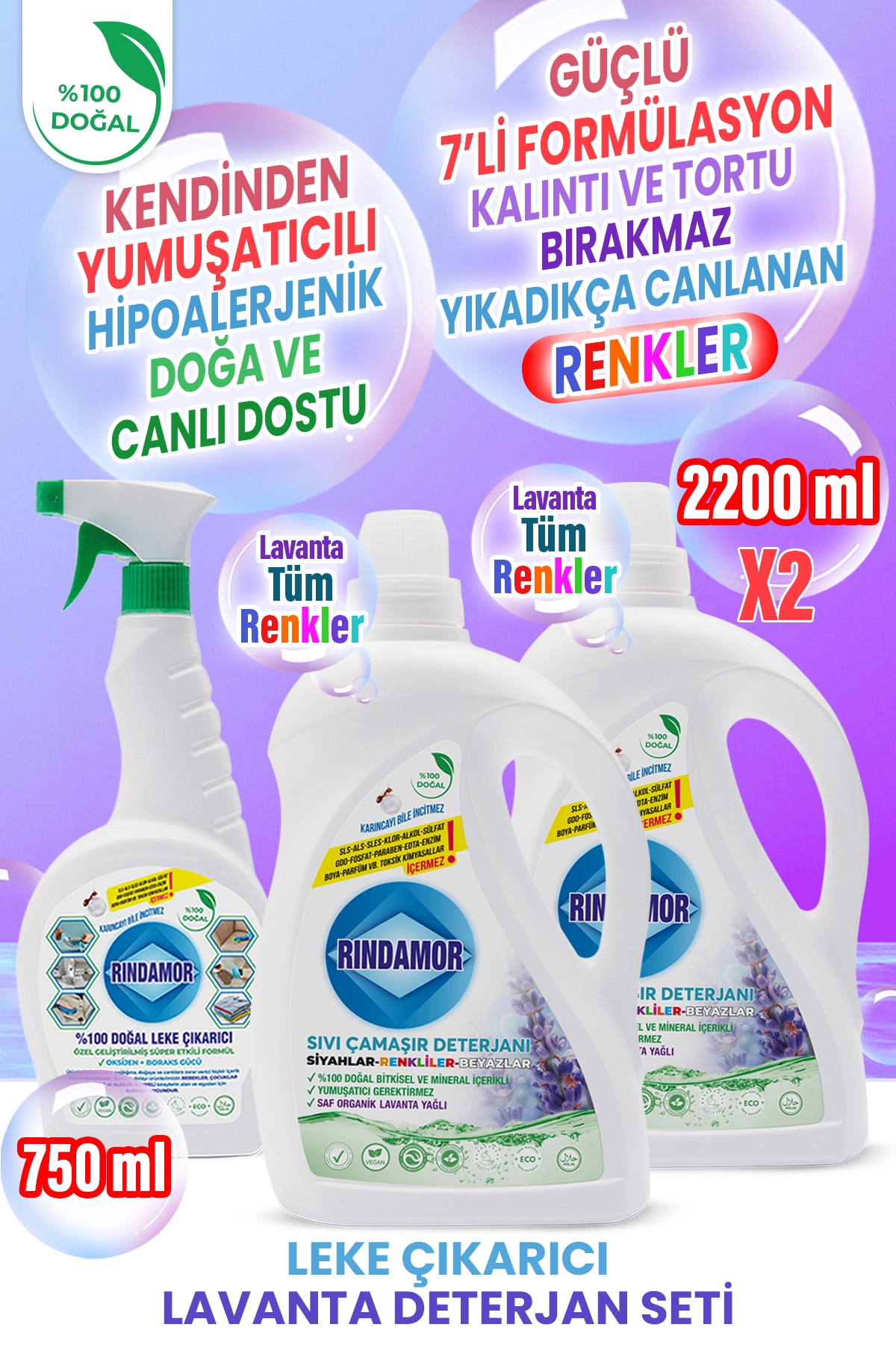 %100 DOĞAL BİTKİSEL TÜM RENKLER ÇAMAŞIR DETERJANI ORGANİK LAVANTA YAĞLI VE LEKE ÇIKARICI SETİ