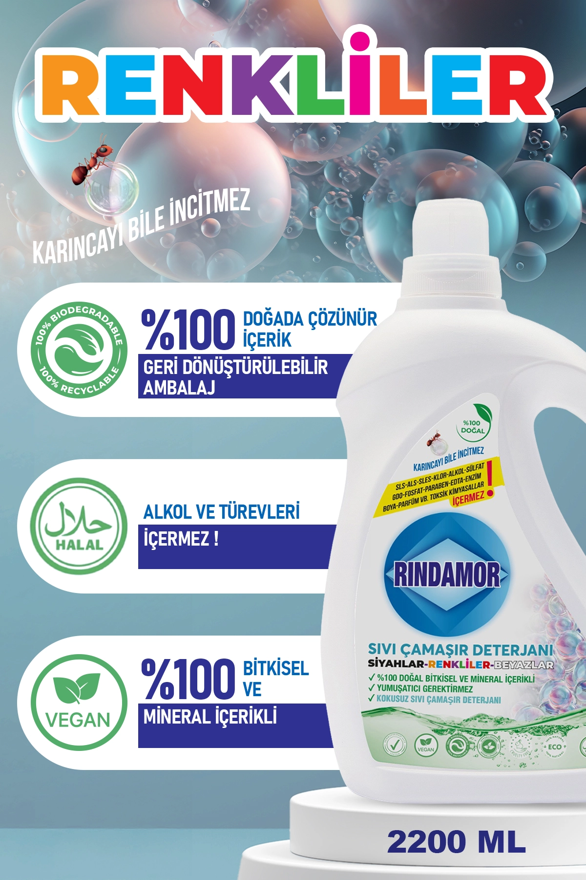 % 100 DOĞAL BİTKİSEL TÜM RENKLER KOKUSUZ SIVI ÇAMAŞIR DETERJANI-KENDİNDEN YUMUŞATICILI