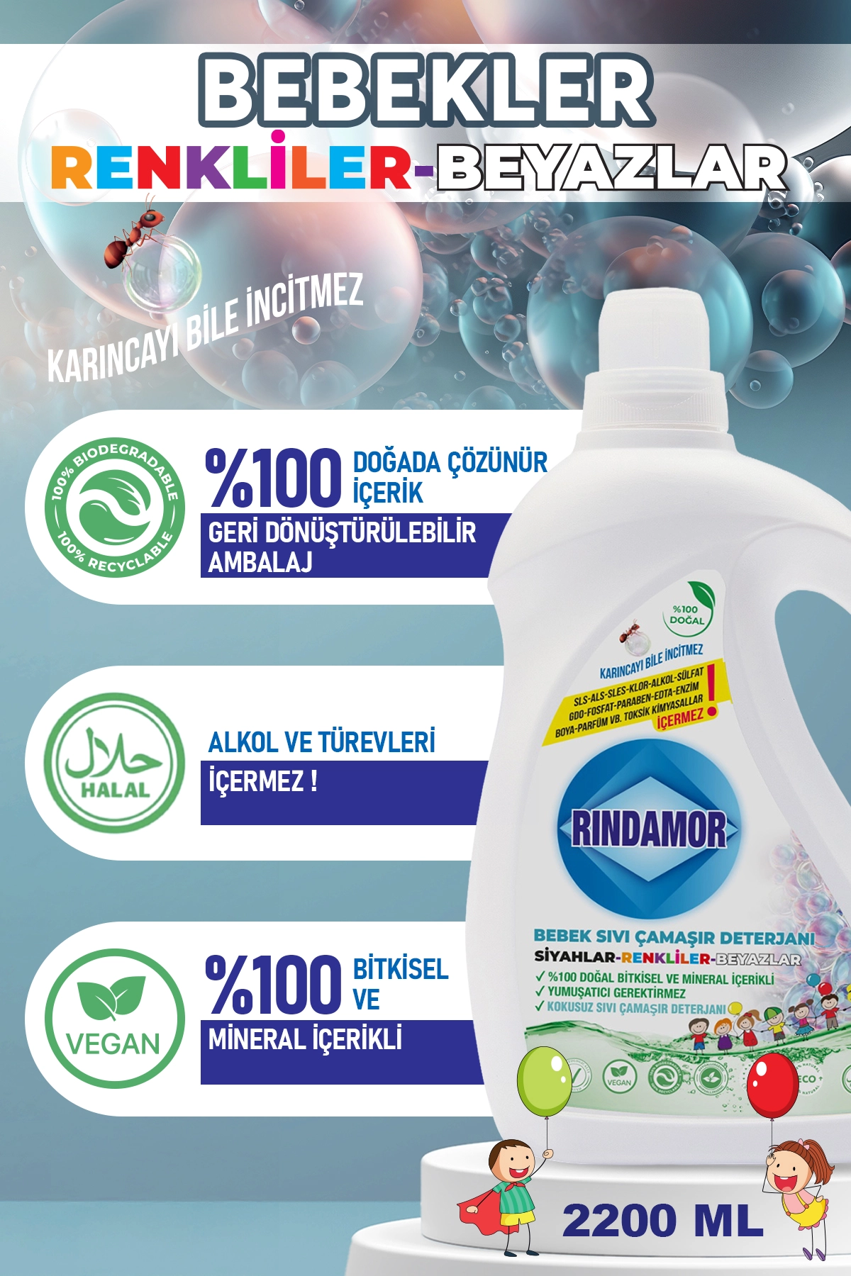 % 100 DOĞAL BİTKİSEL KOKUSUZ BEBEK SIVI ÇAMAŞIR DETERJANI-KENDİNDEN YUMUŞATICILI