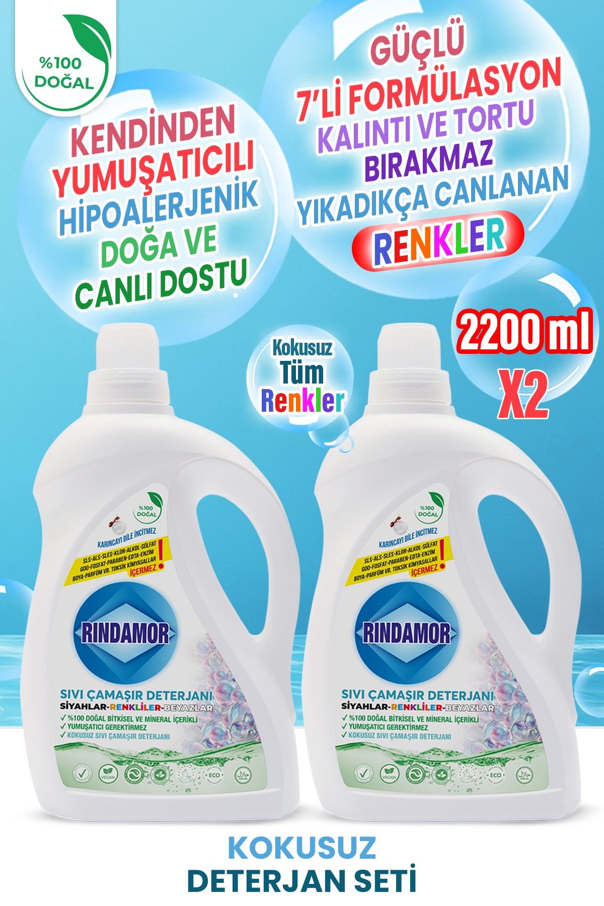 %100 DOĞAL BİTKİSEL TÜM RENKLER KOKUSUZ  SIVI ÇAMAŞIR DETERJANI 2’Lİ SET-KENDİNDEN YUMUŞATICILI