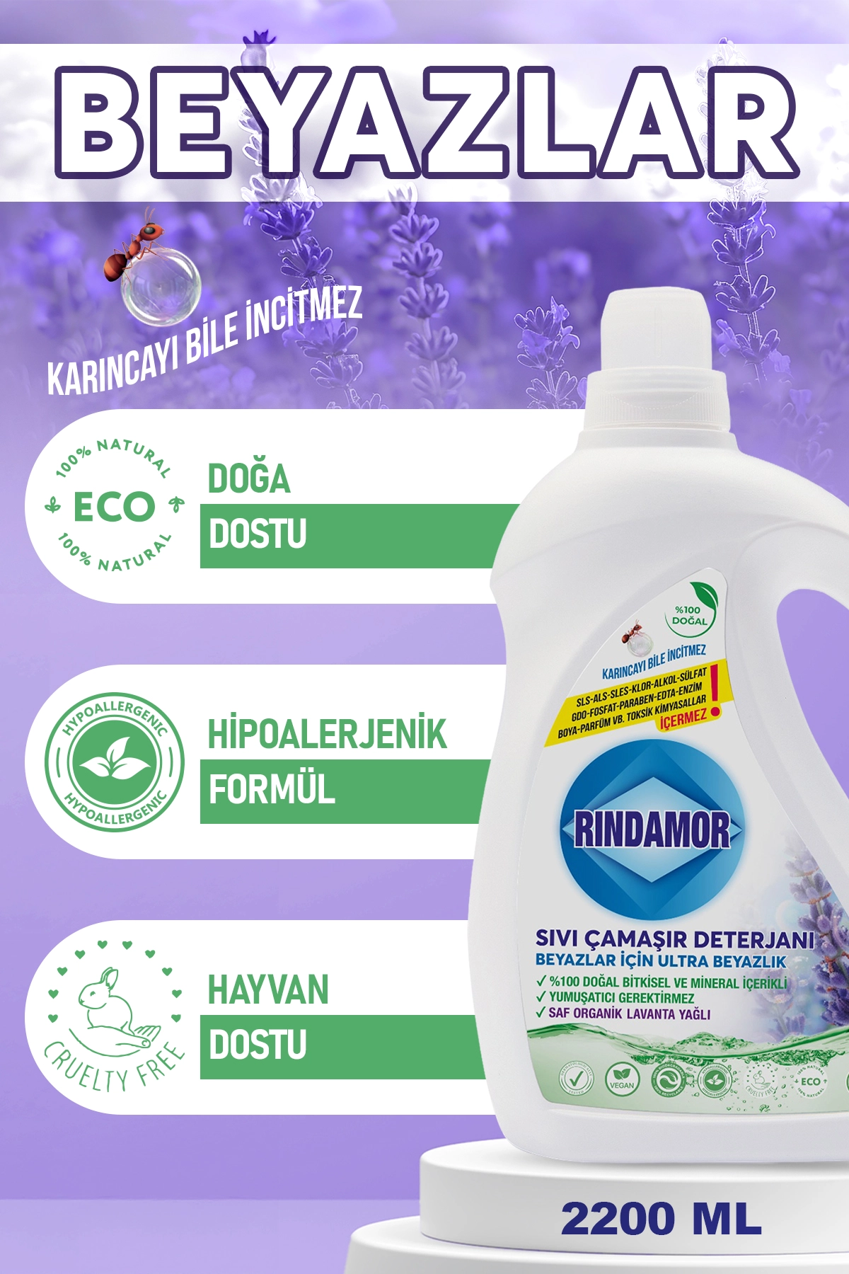 % 100 DOĞAL BİTKİSEL BEYAZLAR SIVI ÇAMAŞIR DETERJANI ORGANİK LAVANTA YAĞLI -KENDİNDEN YUMUŞATICILI
