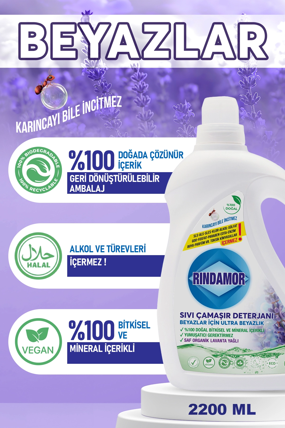 % 100 DOĞAL BİTKİSEL BEYAZLAR SIVI ÇAMAŞIR DETERJANI ORGANİK LAVANTA YAĞLI -KENDİNDEN YUMUŞATICILI