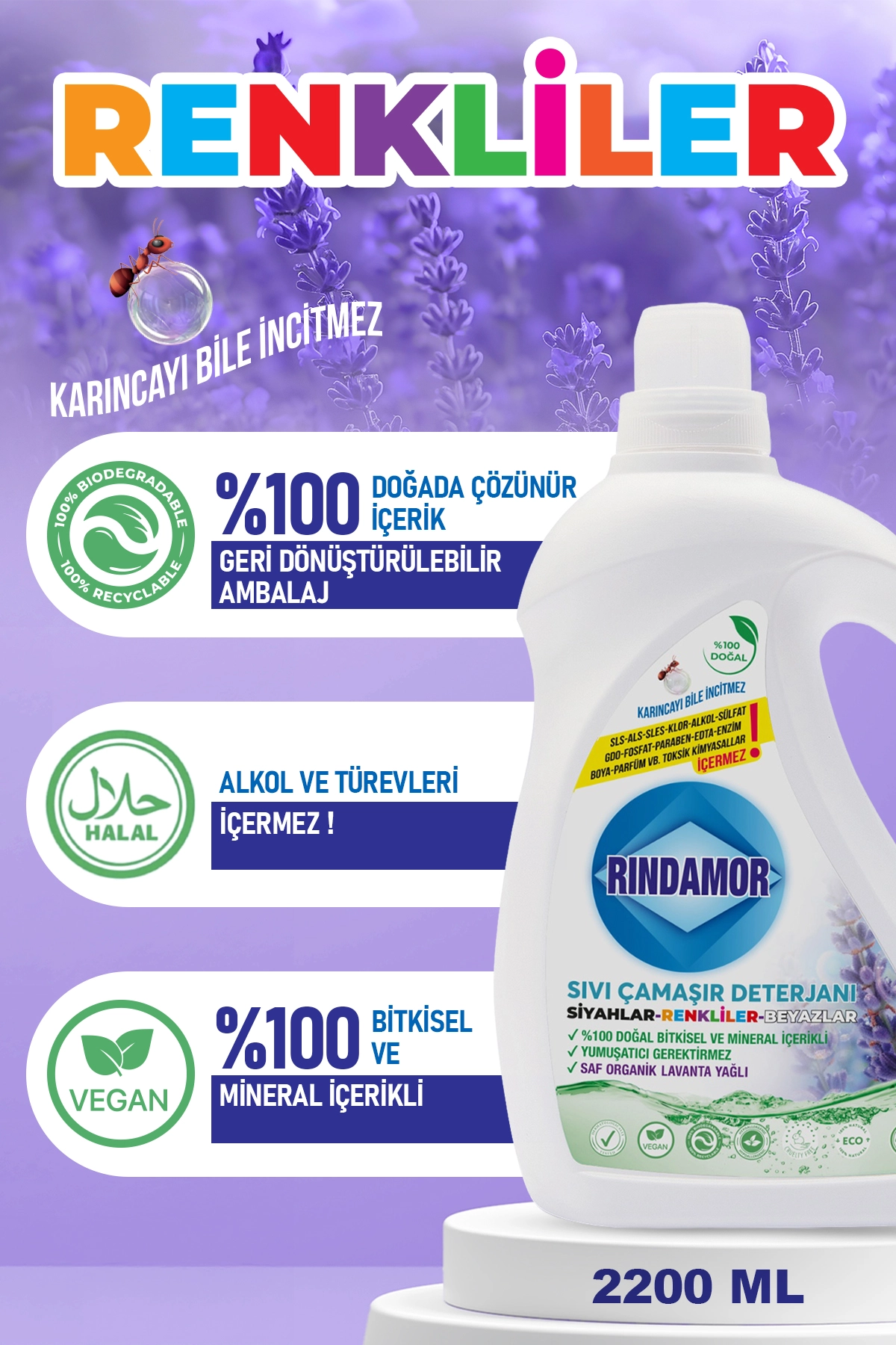 % 100 DOĞAL BİTKİSEL TÜM RENKLER SIVI ÇAMAŞIR DETERJANI ORGANİK LAVANTA YAĞLI-KENDİNDEN YUMUŞATICILI