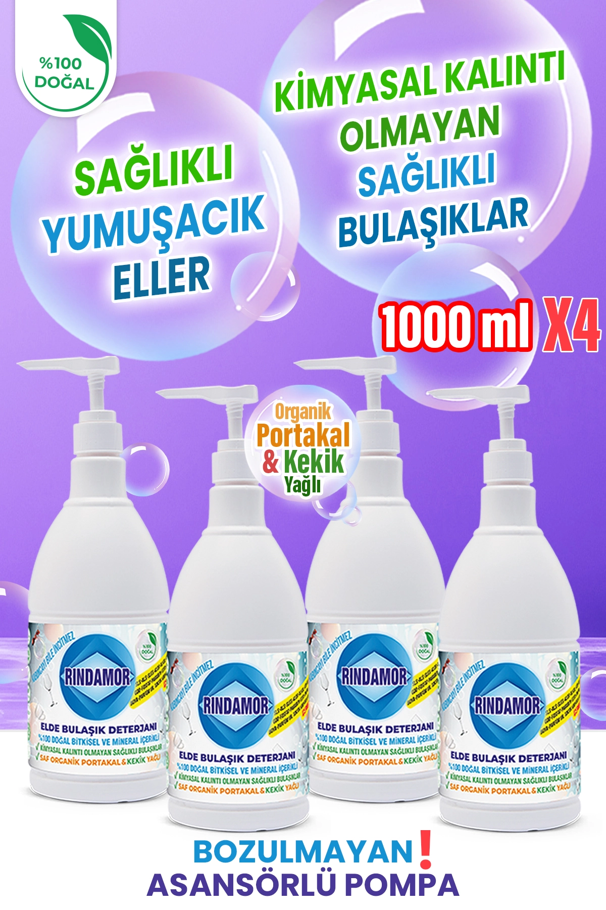%100 DOĞAL BİTKİSEL ELDE BULAŞIK DETERJANI 4 X 1000 ML