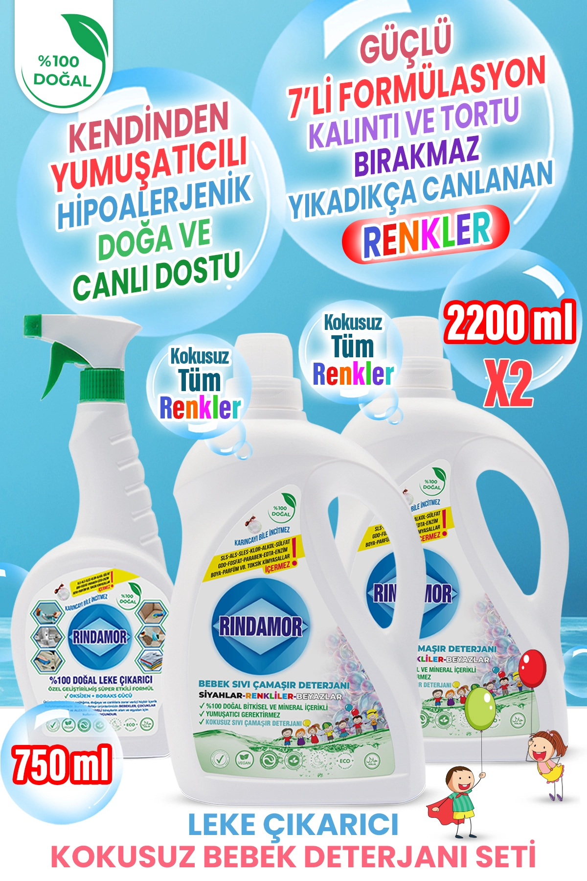%100 DOĞAL BİTKİSEL KOKUSUZ BEBEK SIVI ÇAMAŞIR DETERJANI-LEKE ÇIKARICI SETİ