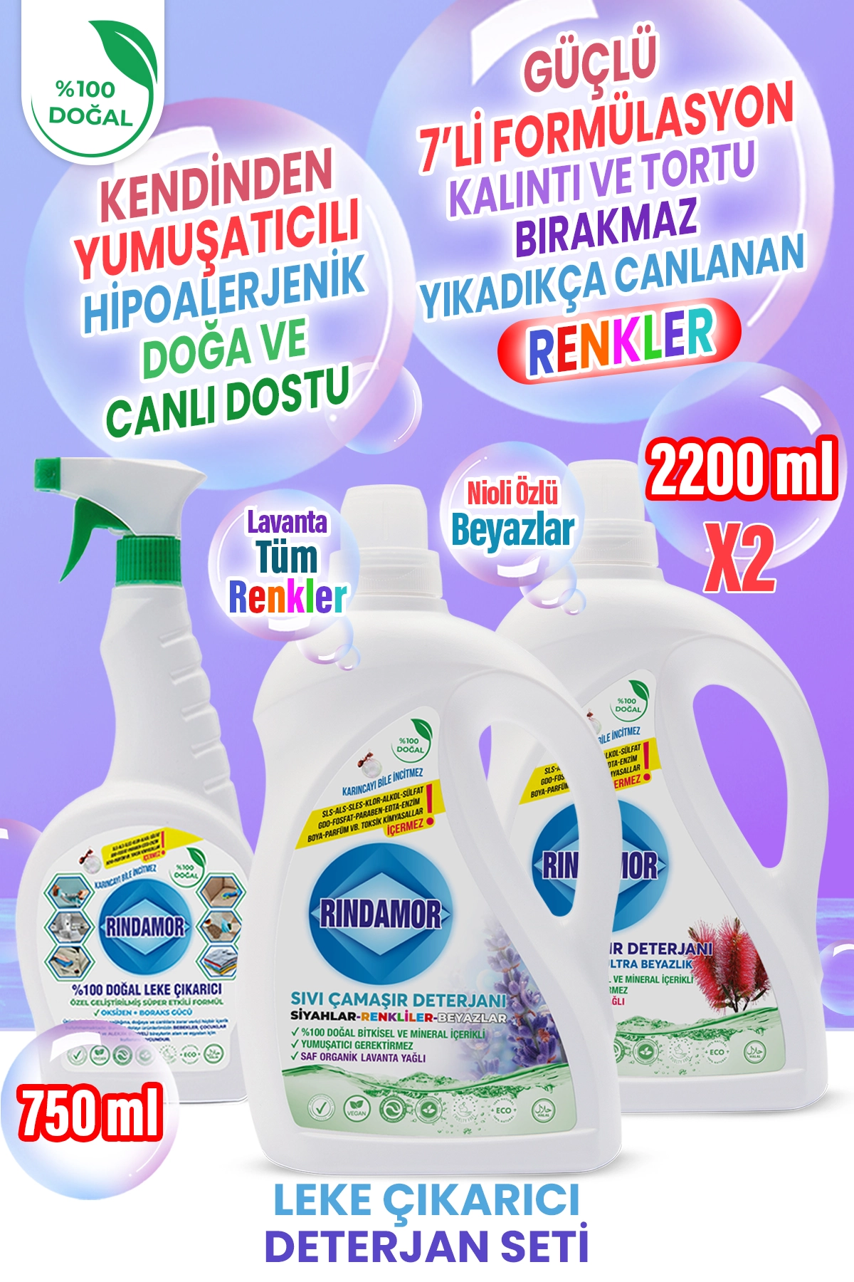 % 100 DOĞAL BİTKİSEL BEYAZLAR NİOLİ-TÜM RENKLER LAVANTA ÇAMAŞIR DETERJANI VE LEKE ÇIKARICI SETİ