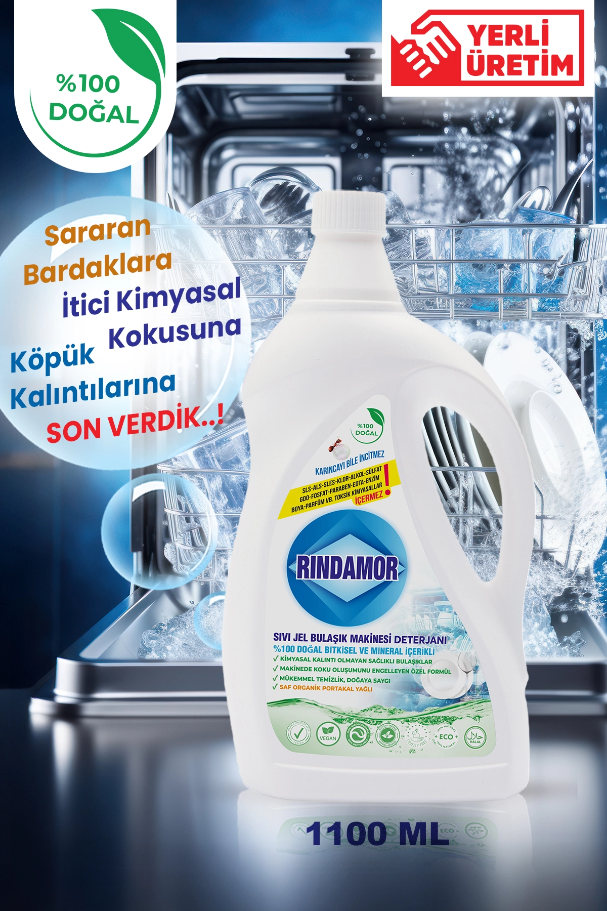 %100 DOĞAL BİTKİSEL SIVI JEL BULAŞIK MAKİNESİ DETERJANI-KOKUYA VE BARDAKLARDA SARARMAYA SON! PARLATICI GEREKTİRMEZ