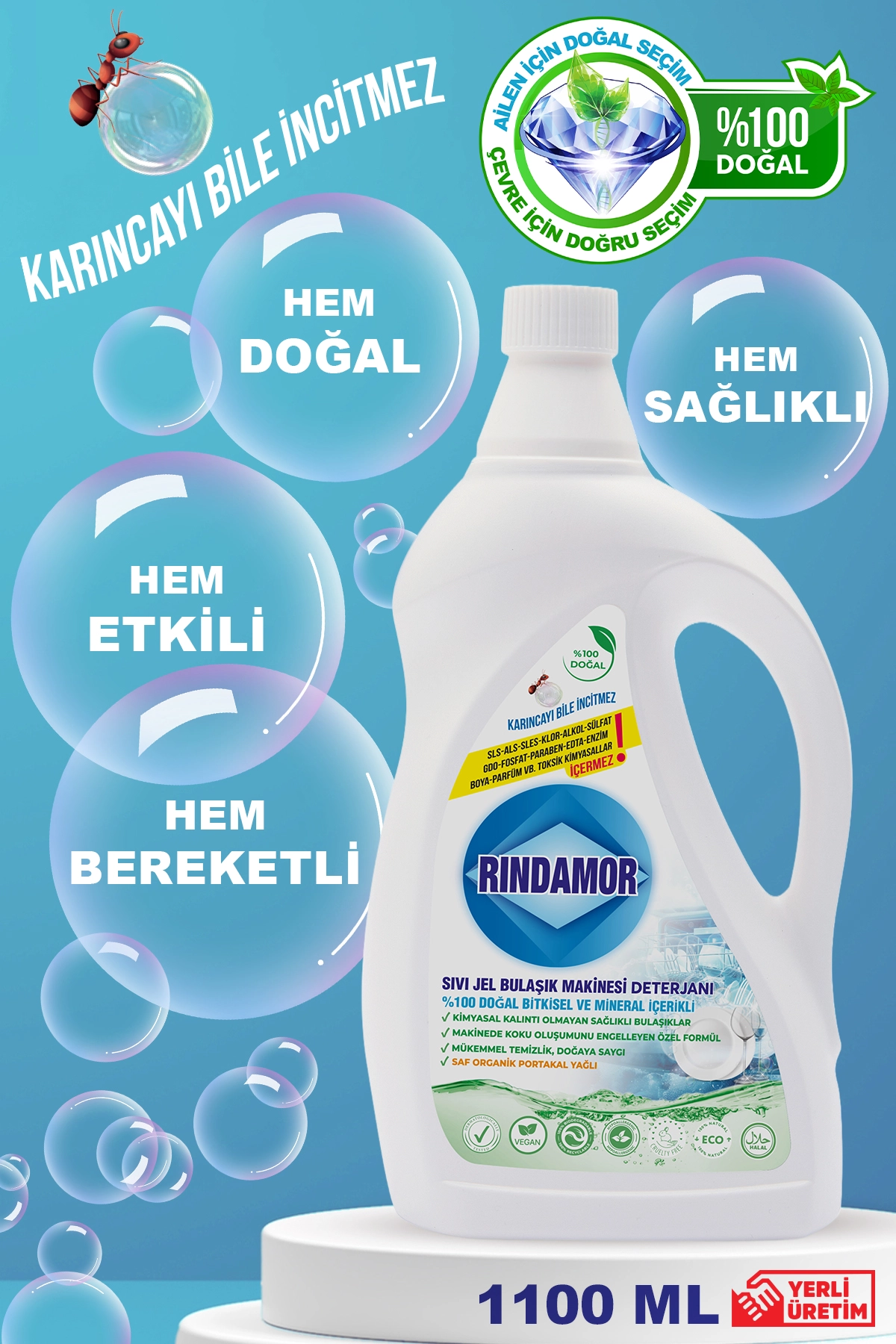 %100 DOĞAL BİTKİSEL SIVI JEL BULAŞIK MAKİNESİ DETERJANI-2 X 1100 ML