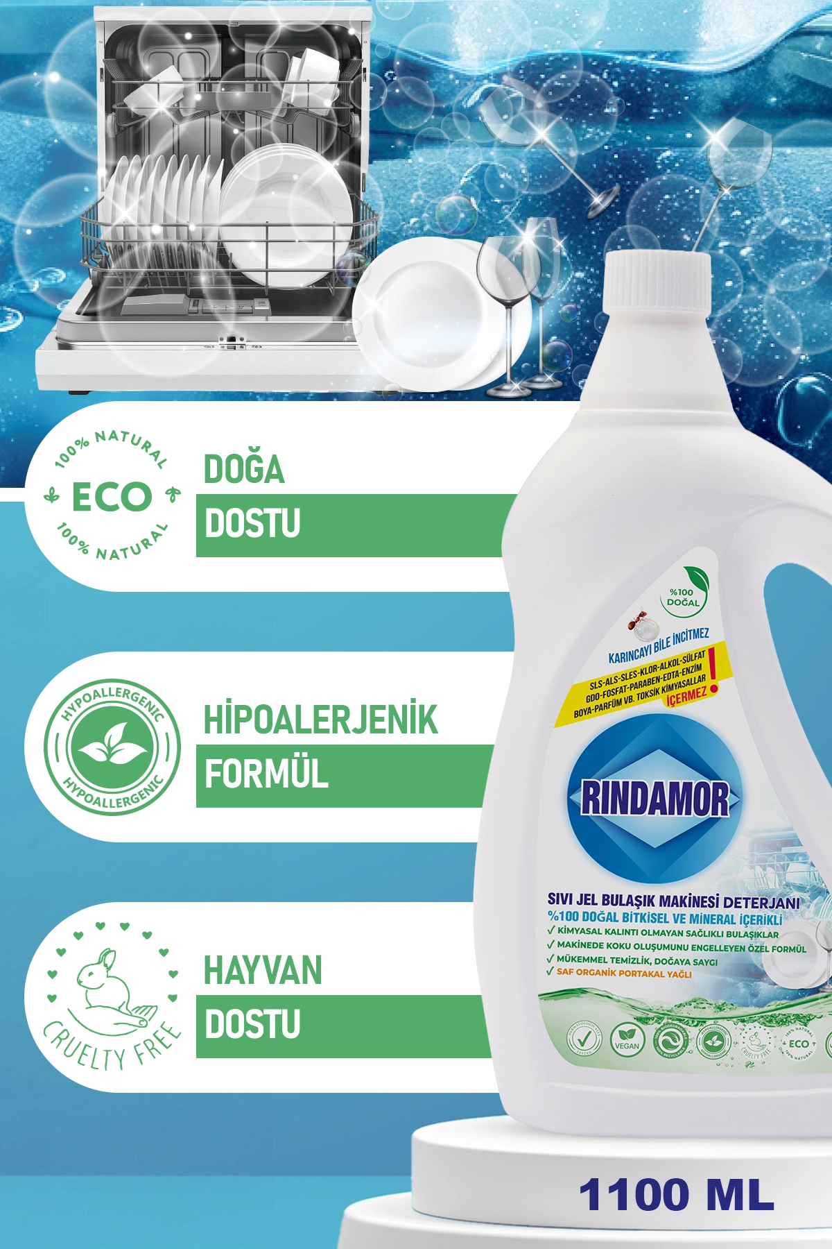 %100 DOĞAL BİTKİSEL SIVI JEL BULAŞIK MAKİNESİ DETERJANI-2 X 1100 ML