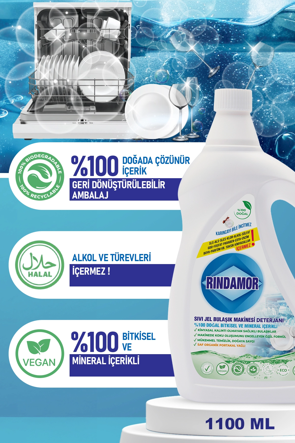 %100 DOĞAL BİTKİSEL SIVI JEL BULAŞIK MAKİNESİ DETERJANI-2 X 1100 ML